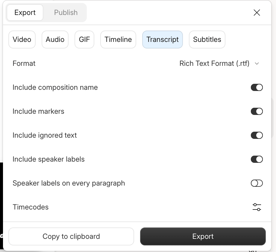 Descript transcription export options 