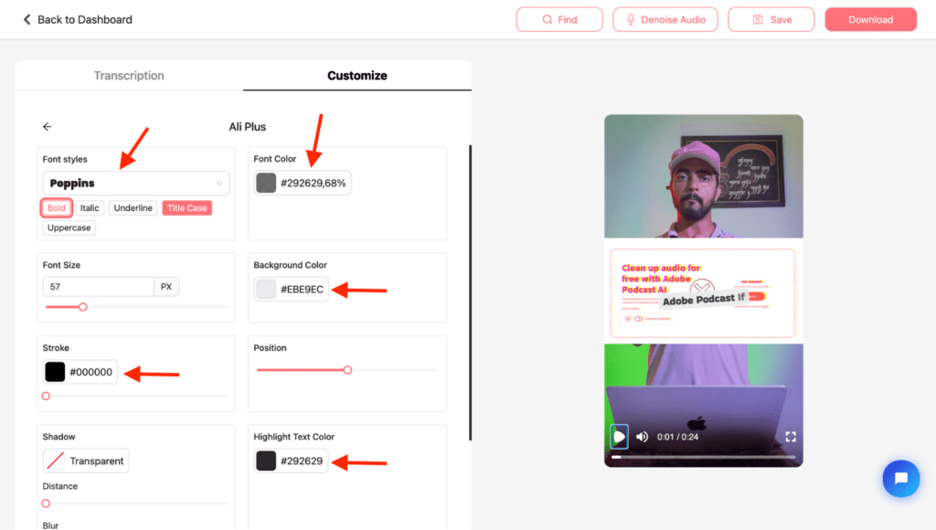 Ali abdaal captions settings